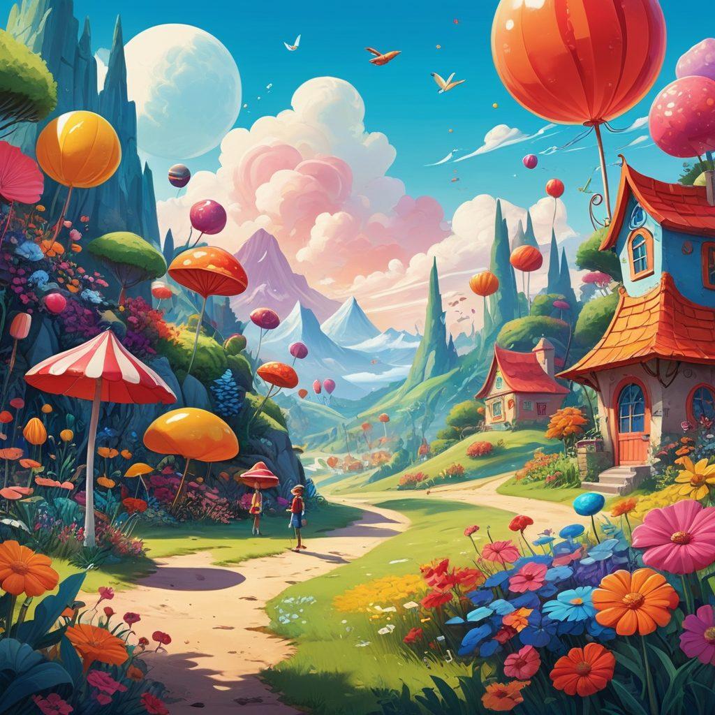 A whimsical and colorful illustration of a cartoon-inspired fantasy landscape filled with exaggerated characters engaging in playful, cheeky activities. Include elements like oversized props and imaginative settings that emphasize a light-hearted and adventurous tone. Combine a blend of humor and allure to capture the essence of adult animation, with a focus on creativity and exaggeration. vibrant colors. vector art. playful style.
