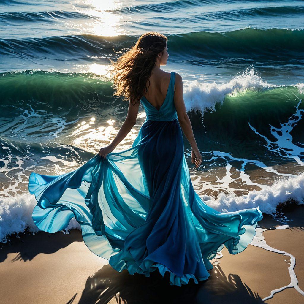 An enchanting ocean deep scene with flowing waves intricately shaped like sensual forms, blending shades of deep blues and soft skin tones. Subtle hints of light reflecting off the water, creating a mystical allure. In the background, silhouettes of abstract figures dancing elegantly, evoking a sense of freedom and exploration. ethereal light filtering through the waves, enhancing the atmosphere of intimacy and discovery. vibrant colors. super-realistic.